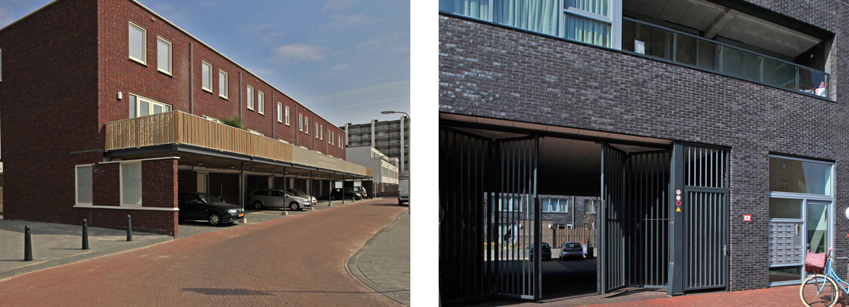 2 voorbeelden van parkeeroplossingen bij woningen: een eigen parkeerplaats onder de woning en een parkeergarage van een appartementencomplex.