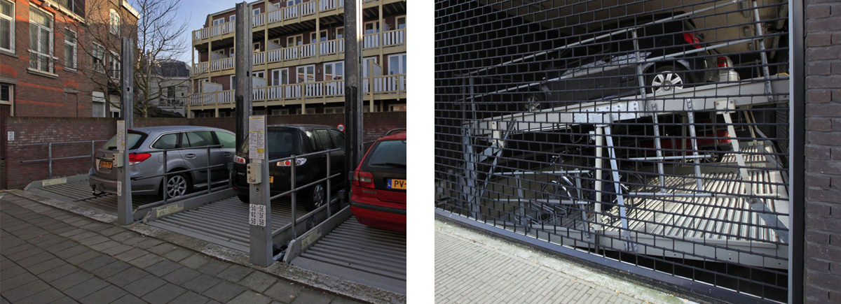 2 voorbeelden van parkeeroplossingen bij gebouwen