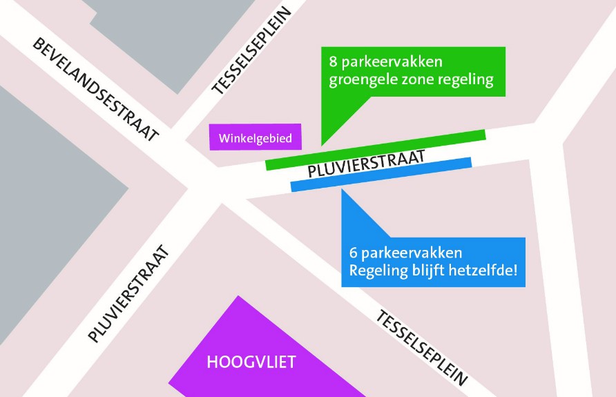 Op de kaart is met een groene streep aangegeven waar de groengele parkeerregeling geldt.