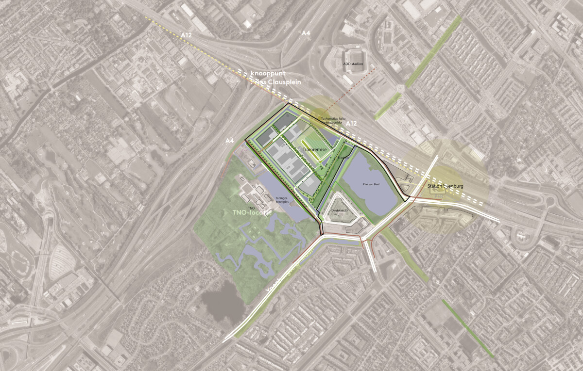 Kaart van het gebied rond het Prins Clausplein met conceptplan voor de GAVI-kavel