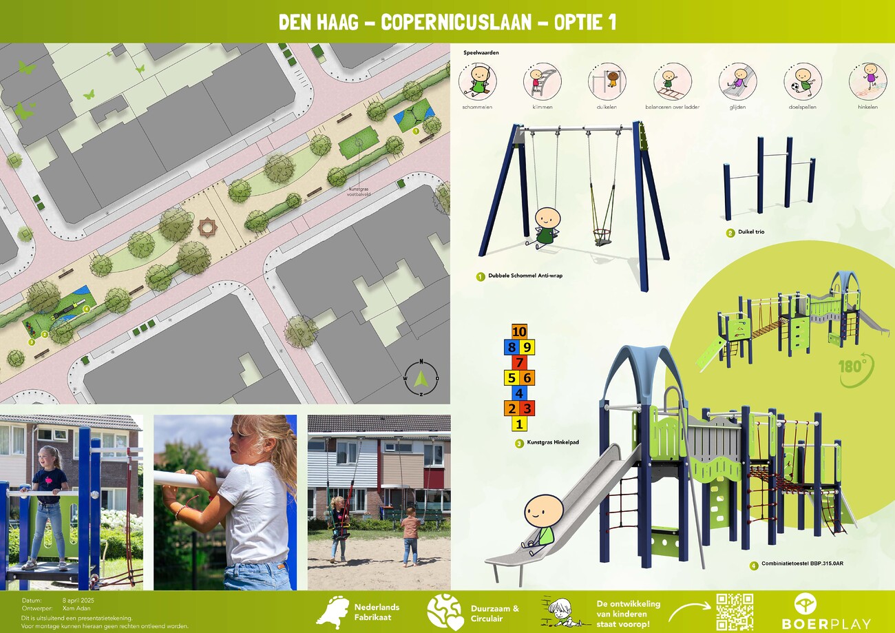 Ontwerp voor de speeltuin bij de Copernicuslaan. In dit ontwerp is een dubbele schommel te zien, een duikel trio, een kunstgras hinkelpad en een combinatietoestel.