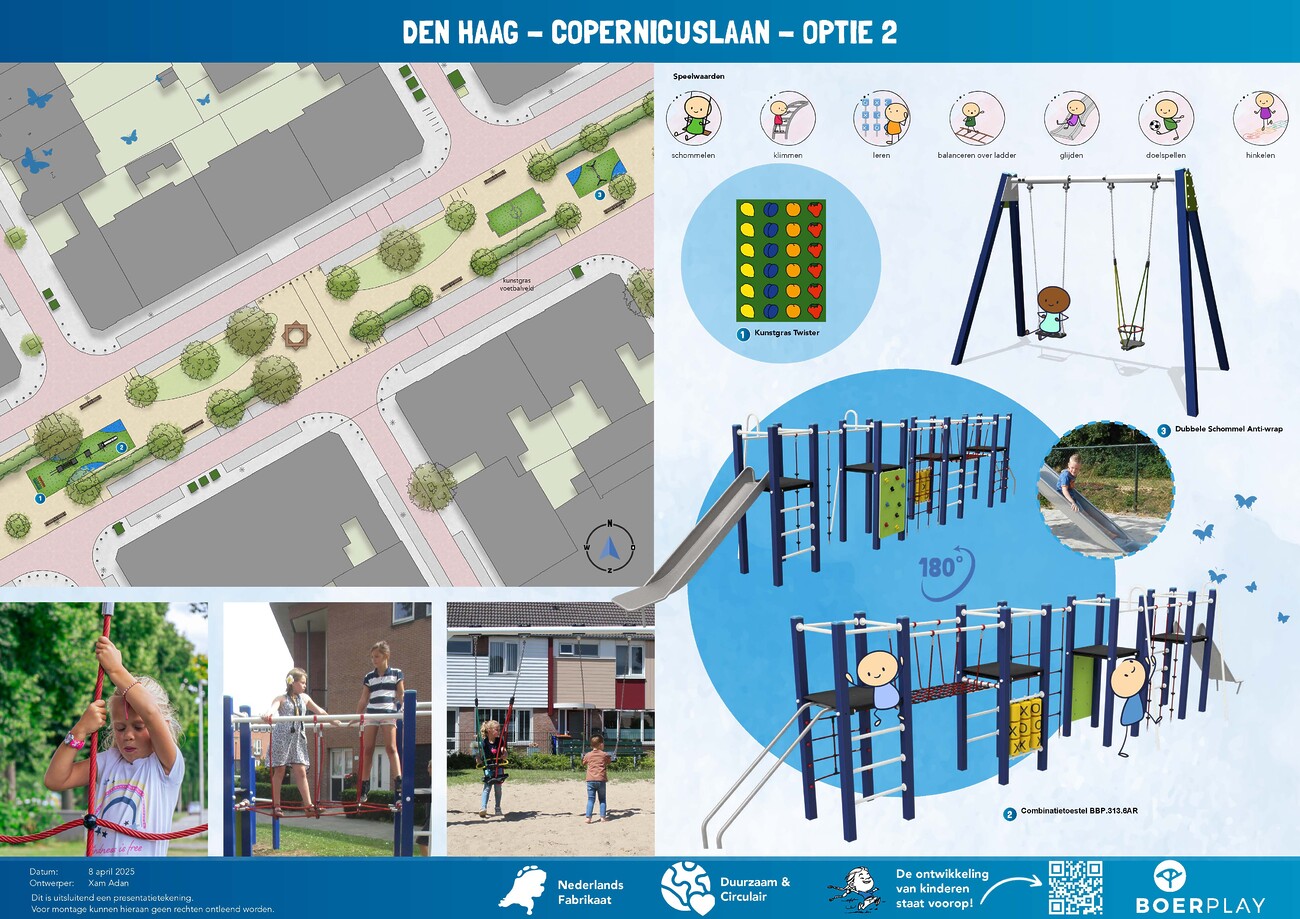 Ontwerp voor de speeltuin bij de Copernicuslaan. Op dit ontwerp is een kunstgras twister te zien, een dubbele schommel en een combinatietoestel.