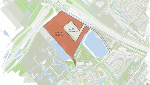 Plattegrond met concept met Fase 1B bedrijven in oranje en daarbinnen Fase 1A tramremise in lichtgroen
