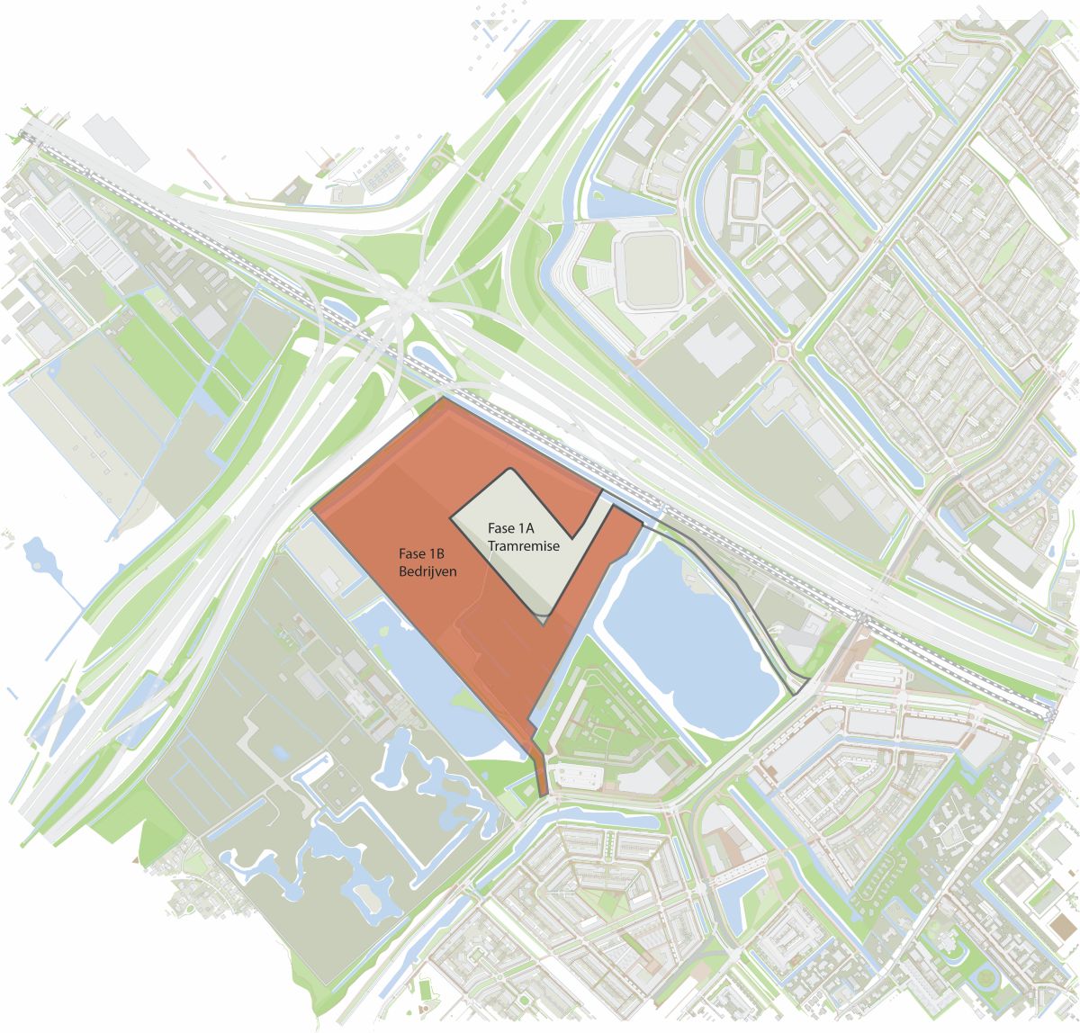 Plattegrond van gebied rond Prins Clausplein bij Den Haag met de plangrens van de GAVI-kavel. In steenrood Fase 1b bedrijven, daarbinnen in lichtgroen Fase 1 a Tramremise