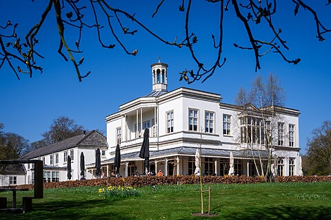 Wit landhuis met veranda. Grote tuin met bloemen. Mensen zitten op het terras. Zonnige dag met blauwe lucht. Boomtakken in beeld.