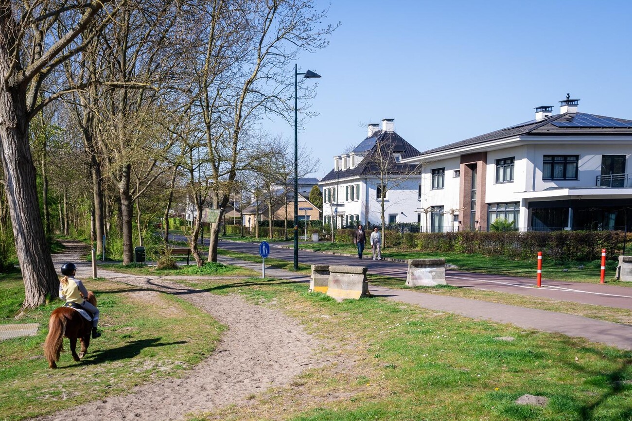 Wandelpad en ruiterpad tussen bomen. Kind op een pony. Luxe huizen aan rustige straat.