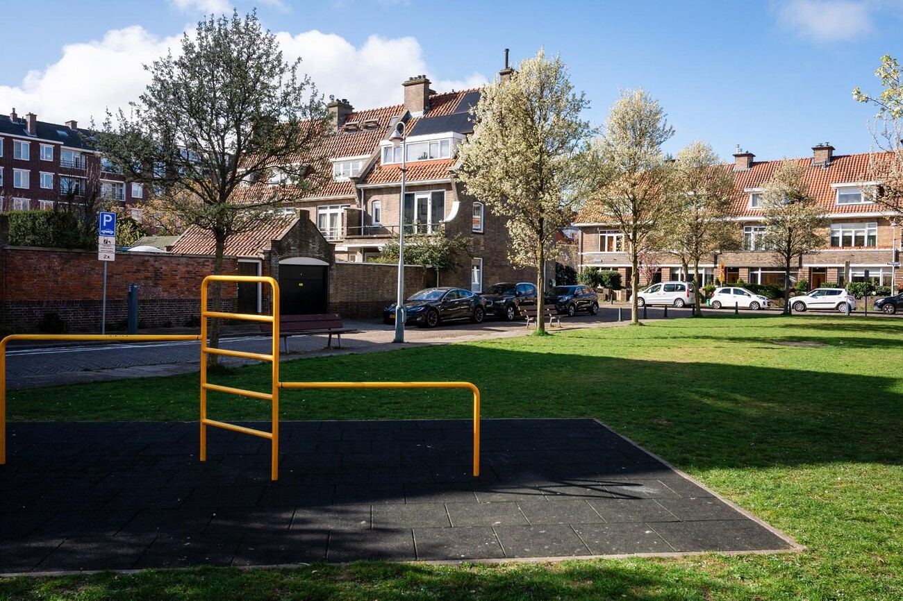 Speeltuin in Bohemen, meer en Bos. Er is een grasveld en een geel speeltoestel.