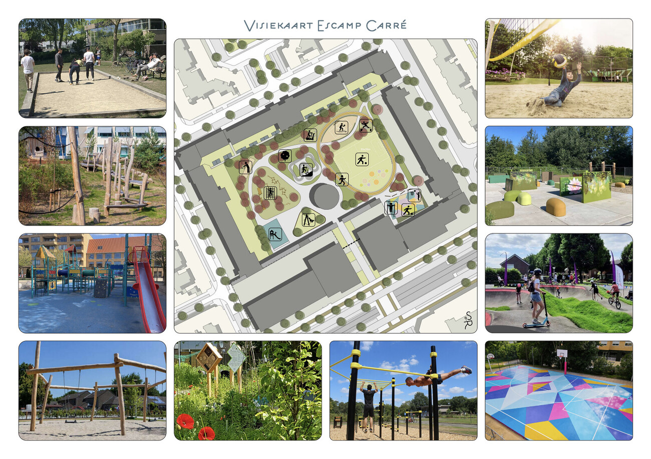 Visiekaartje van Escamp Carré met plattegrond en verschillende foto's van speeltoestellen, een jeu de boulebaan en een calestenics park.