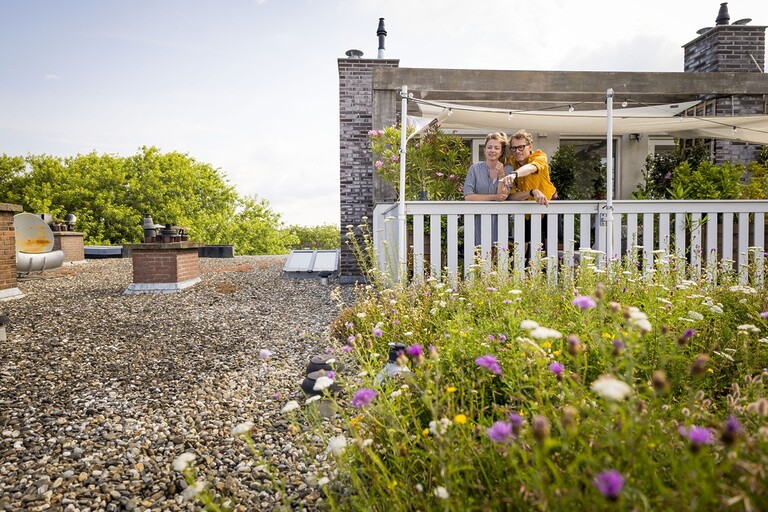 Bewoner Tom Voorma wijst samen met zijn partner Suzanne Wardenaar naar hun groene dak met zomerbloemen.