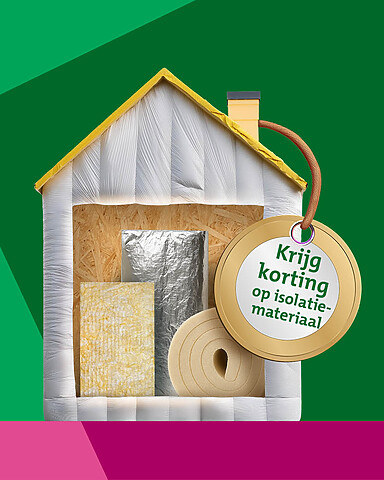 Plaatje van geisoleerd huisje met de tekst: krijg korting op isolatiemateriaal.