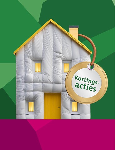 Illustratie van huis met label kortingsacties