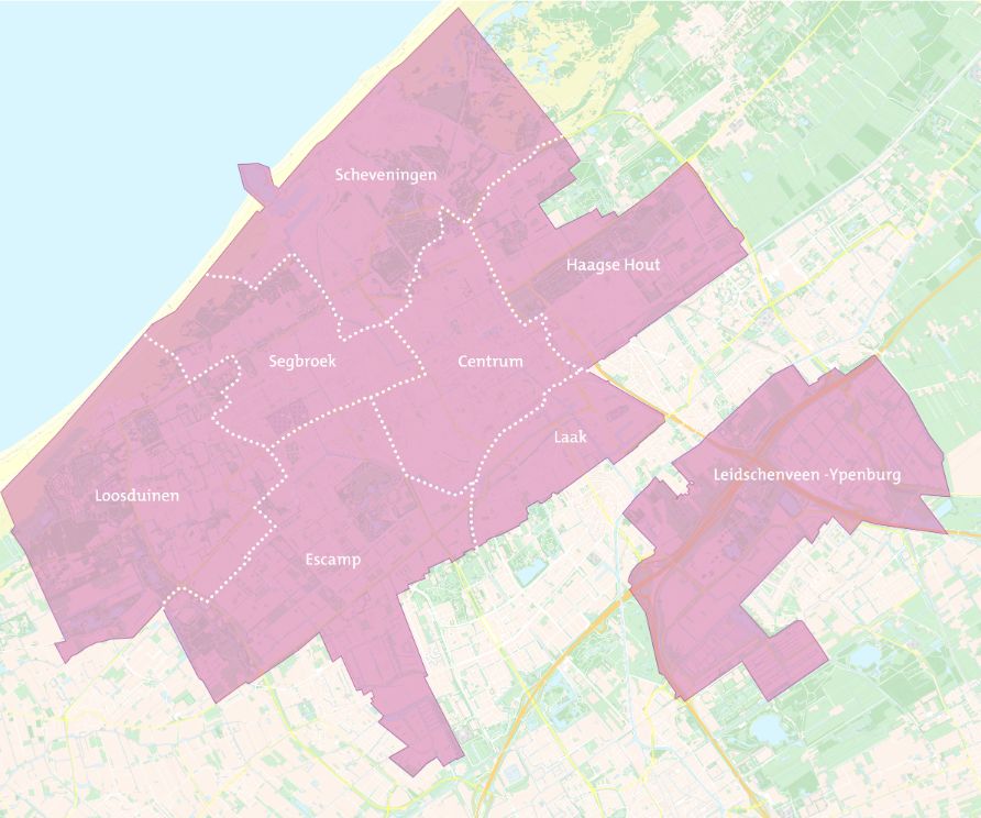 The whole of The Hague is a low-emission zone for mopeds and motorised bikes. This is the pink area on the map.