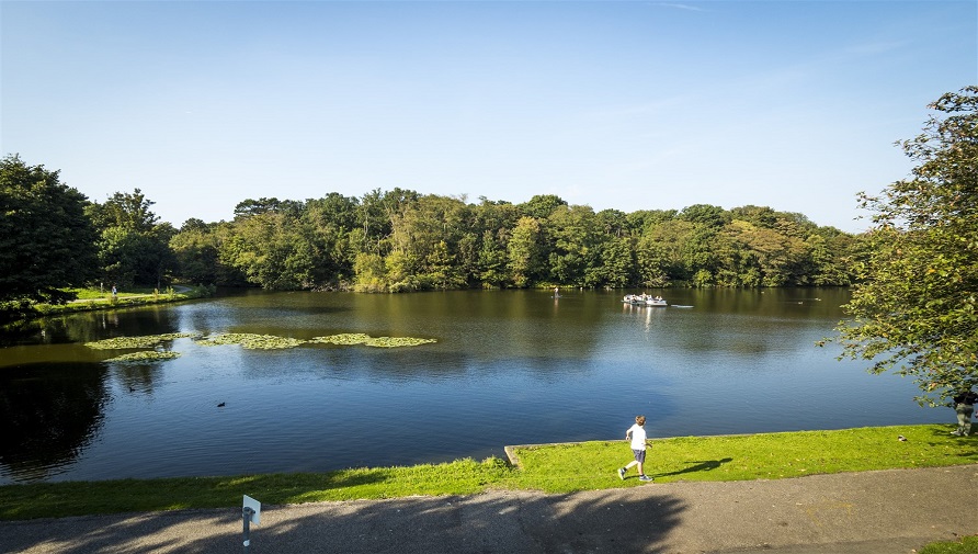 Jogger running alongside a pond